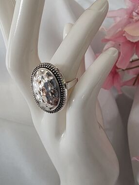 Sterling Silver Large oval Hammered  Ring Size 7